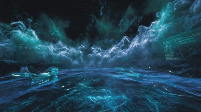 A closeup of virtual tools floating in midair surrounded by swirling data clouds giving users access to detailed analytics while training in a cavernous immersive simulation space.