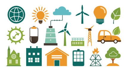 Renewable energy and ecology icon set with buildings, wind turbines, and solar panels vector