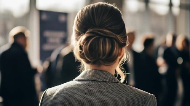 Businesswoman with blond bun at conference