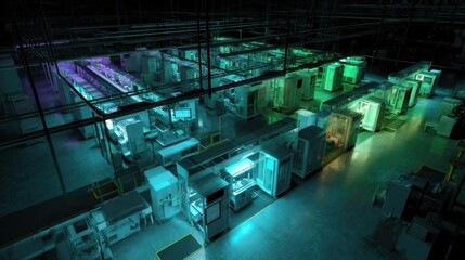 A factory workflow scene in dim lighting emphasizing the integration of Xray inspection equipment and hyperspectral imaging stations along a production line.