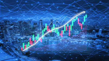 This abstract image showcases a digital analysis of financial growth, featuring vibrant graphs and cityscape elements, symbolizing future finance trends. Impute