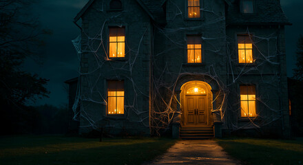 Eerie mansion veiled in cobwebs, windows glowing with soft candlelight under the dusky moonlight.