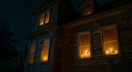 An old house with candles illuminating windows under the dark night sky covered with spiderwebs.