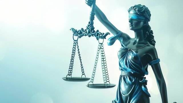 Detailed Lady Justice statue, figure symbolizing justice. statue is partially visible in, which features blue color scheme, soft bokeh background.
