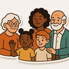 Diverse family unit sharing joyful connections and warm gestures, embodying love and unity through generations, with rich cultural representation illustrated in vibrant colors