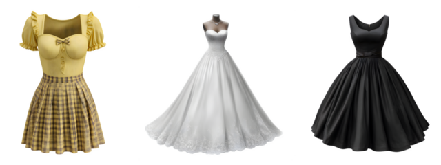 Three elegant dresses on a transparent background