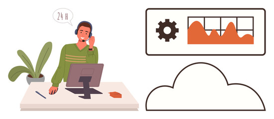 Man wearing a headset at a desk communicating while monitoring a graph and cloud interface. Ideal for customer service, tech support, cloud computing, analytics, teamwork, remote work, reliable