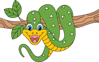 Cartoon Snake Wrapped Around Tree Branch, Colorful Style, Cad Drawing Flat Vector Illustration