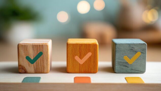 Three wooden blocks with checkmarks, on a light-toned surface, with a blurred background of lights and greenery