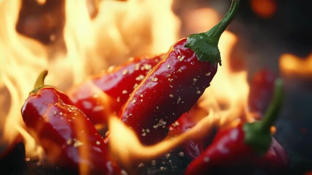 Flame-roasted red peppers on a grill, symbolizing intense flavors and culinary artistry.
