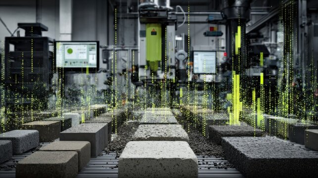 An image of a testing lab within the microplant showcasing concrete samples being analyzed for strength and sustainability with scientific equipment and data charts in the background.