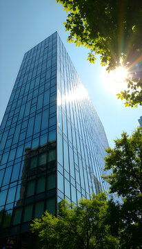 Low-angle perspective of reflective glass skyscraper with axial sun glare through trees - biophilic urbanism and spectral glare management for ESG-compliant sustainable development  