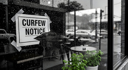 Curfew Notice On Shop Window During Rainy Weather Showing Social Issues
