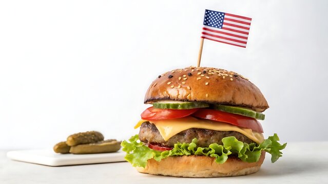 Classic american cheeseburger with us flag and pickles