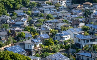 Fototapeta premium Rooftops adorned with solar panels in a suburban neighborhood surrounded by greenery during bright daylight