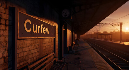 Curfew Sign At A Train Station At Sunset Evokes A Sense Of Serenity