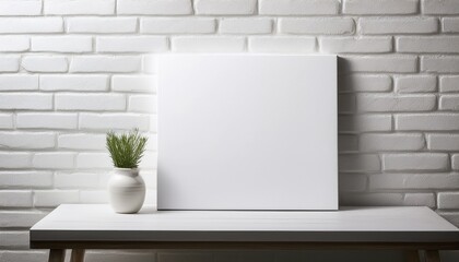 a small white canvas is mounted on a textured white brick wall offering a minimalist setting highlighting art s potential and simplicity