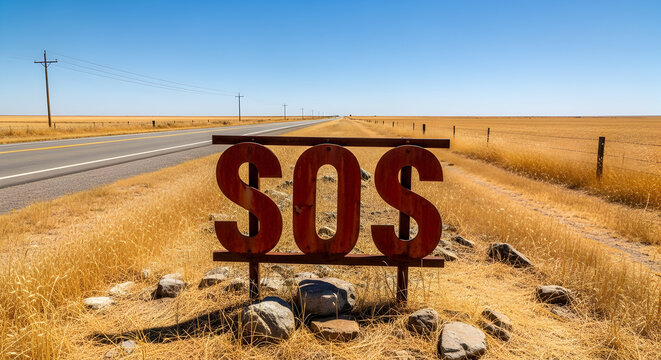 Distress Message Displayed On A Rural Landscape In The American Midwest