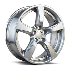 Single silver alloy car wheel with five spokes, isolated on white background