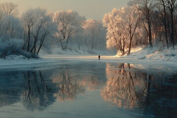 Fototapeta premium Person ice skating on a frozen lake during a misty winter day in finland