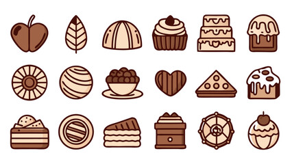 Delicious and Sweet Bakery Desserts Outline Icons Vector Set