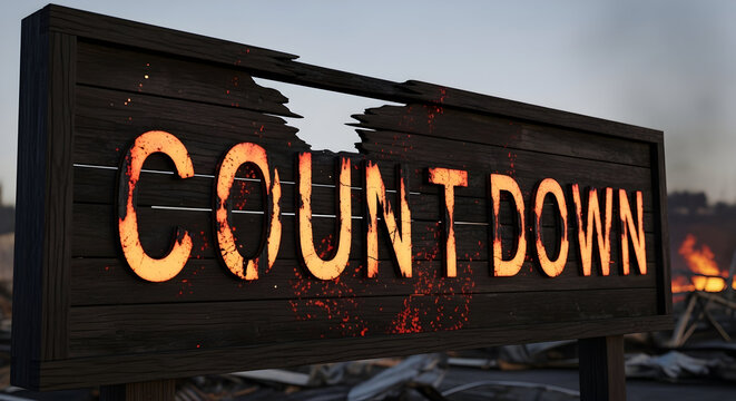 Distressed Countdown Sign Amidst Chaos Depicting End Times Scenarios