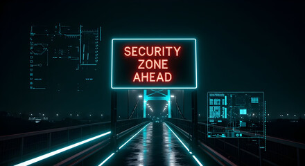 Cyberpunk Security Zone On A Bridge At Night With Neon Technology
