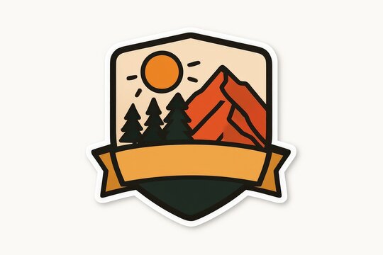Emblematic badge showcasing a majestic mountain silhouette framed by a vibrant sun surrounded by evergreen trees set against a light backdrop conveying outdoor adventure spirit