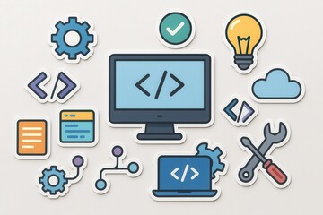 Engaging visual elements illustrating coding concepts and digital tools combined with vibrant icons representing software development automation and creative technology processes