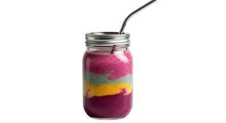 Colorful layered smoothie in jar with metal straw on display