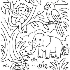 Obraz premium Jungle Safari Coloring Page – Monkey, Parrot, and Snake in Tree Scene 