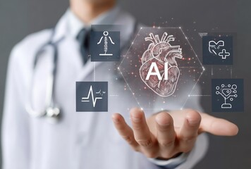 A male doctor presents a holographic display featuring AI applications in medicine, with heart and health icons. The futuristic setting highlights innovation in healthcare technology.