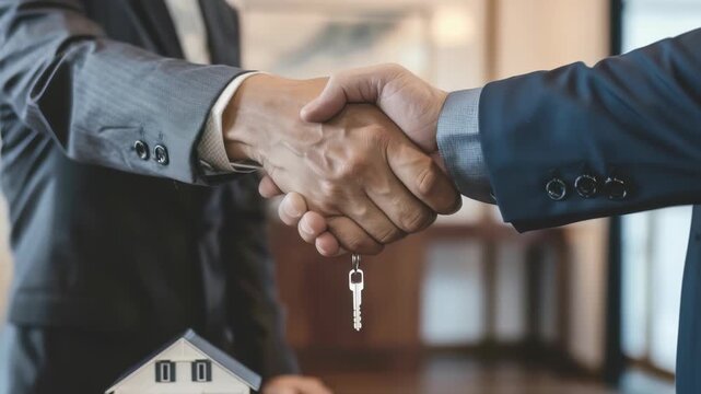 This shows close-up handshake, likely between real estate agent, buyer, with house model, keys present. It represents completion property transaction.