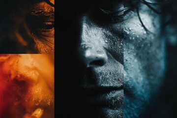 Person standing in strange landscape during sunset with geometric portals