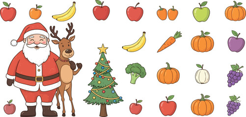 Fototapeta premium Santa reindeer Christmas tree apples bananas pumpkins broccoli carrots grapes healthy holiday