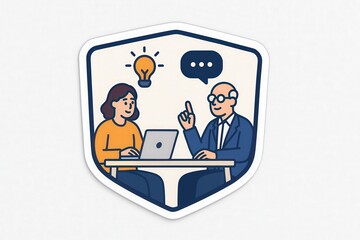 Fototapeta premium Engaging dialogue between a businesswoman and a senior mentor highlighting innovative ideas and insights in a collaborative setting under the glow of an illuminating light bulb concept