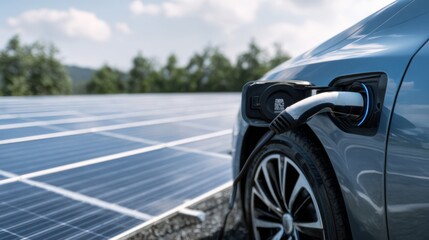 Fototapeta premium Electric vehicle charging at a solar power station with panels in the background