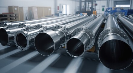 Staged image of modular vacuuminsulated cryogenic pipe segments with orbital welds prepared for transportation to hightech facilities.