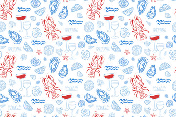 La Dolce Vita Seamless Pattern, Summer Picnic Lobster Food Wrap, Italian Kitchen Design, Cute Mediterranean Style.