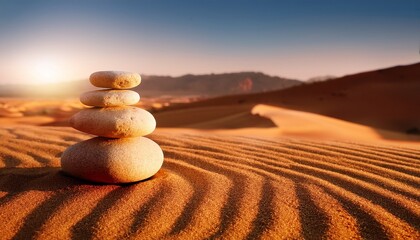 zen stones stack in desert oasis sand symbolizing balance harmony travel and wellness use for meditation travel promotions spa services and relaxation content