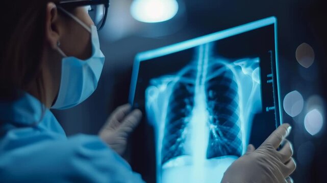 A doctor is holding a chest x-ray of a patient's lungs. Concept of concern and care for the patient's health