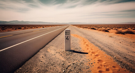 Desert Highway Milestone Marking Distance On A Seemingly Endless Road