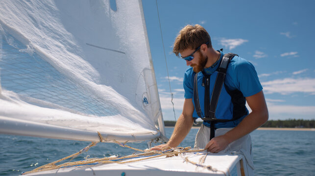 Man adjusts sail ropes on small dinghy under clear blue sky, focused on rigging and sailing preparation in open water