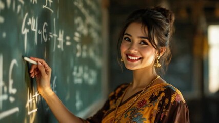 Elegant young woman writing math formulas on chalkboard in warm rustic classroom, cinematic style - Powered by Adobe