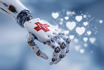 This image shows a highly detailed robotic hand featuring a medical emblem, exuding a warm and caring aura with floating hearts around it, symbolizing compassion in technology.
