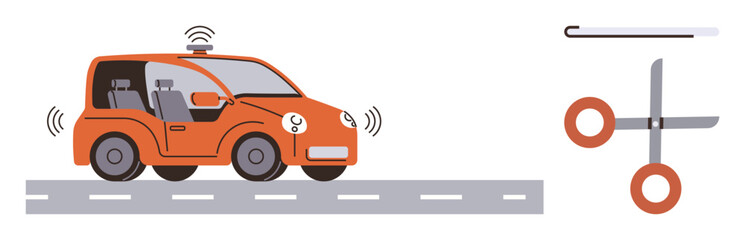 Orange autonomous car using sensors on a road with adjacent tech tools thumbs up scissors and a stylus. Ideal for innovation, mobility, AI, automation, smart devices, automotive technology