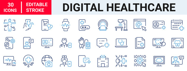 Digital healthcare and telemedicine web line icons. editable stroke. vector illustration. 