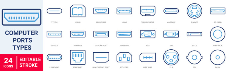 Computer ports types, electronic device input cable cords. Vector realistic type c and mini USB, ethernet and HDMI, DisplayPort.