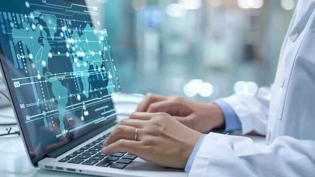A person is typing on a laptop with a map of the world on the screen. Concept of globalization and the interconnectedness of the world. Scene is focused and determined