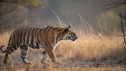 Fototapeta premium Majestic bengal tiger walking through tall grass at sunrise